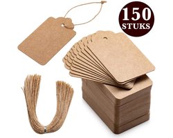 150x Stuks Kraft Karton Labels met 20m Jute Touw - Hart Kartonnen Cadeaulabels met Gaatje en Koord - Bruine Etiketten - Kraftpapier Naamkaartjes - Blanco Prijskaartjes\Prijslabels met Koortje - 7x4cm
