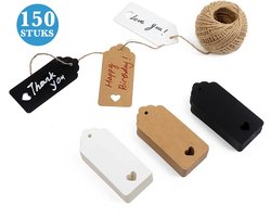 150x Stuks Kraft Karton Labels met 20m Jute Touw - Hart Kartonnen Cadeaulabels met Gaatje en Koord - Bruine, Zwarte & Witte Etiketten - Kraftpapier Naamkaartjes - Blanco Prijskaartjes\Prijslabels met Koortje - 9x4cm