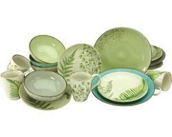16-delig Aardewerk Servies Botanica - Groen, Zand, Steen & Petrol - Coupe Vorm - Vaatwasser & Magnetronbestendig