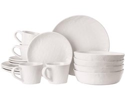 16-delig Aardewerk Servies voor 4 Personen - Compact en Stapelbaar - Magnetron- en Vaatwasmachinebestendig - Wit
