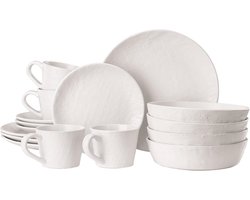 16-delig Aardewerk Servies voor 4 Personen - Compact en Stapelbaar - Magnetron- en Vaatwasmachinebestendig - Wit