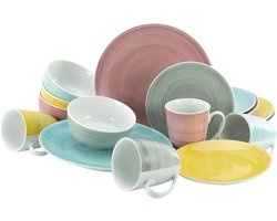 16-Delig Porseleinen Servies Set - 4 Personen - Pastel Kleuren - Vaatwasser & Magnetronbestendig