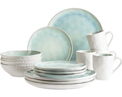 16-delig servies voor 4 personen met handgespikkelde turquoise-groene decoratie en multifunctionele schalen