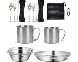 16-Delige Camping Servies Set RVS voor 4 Personen - Compleet Reisbestek voor Outdoor & Picknick