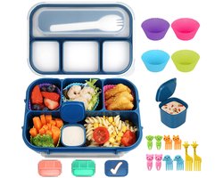16-delige Kinder Lunchbox Set met 4 Vakken, inclusief Muffinvormpjes, Vork en Sausbakje, BPA-vrij Kunststof Broodtrommel, Lekbestendig en Vaatwasserbestendig, Voor School, Werk en Picknick - blauwe