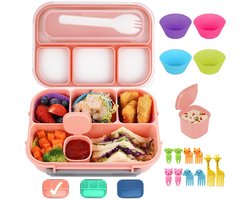 16-delige Kinder Lunchbox Set met 5 Vakken, inclusief Muffinvormpjes, Vork en Sausbakje, BPA-vrij Kunststof Broodtrommel, Lekbestendig en Vaatwasserbestendig, Voor School, Werk en Picknick - roze
