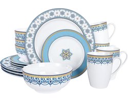 16-Delige Porseleinen Servies Set voor 4 Personen - Blauw Wit met Gouden Rand - Inclusief Borden, Kommen en Mokken
