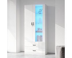 16 kleuren LED-verlichte vitrinekast, 2 deuren, staande vitrinekast met transparante deur, vrijstaande vitrinekast Witte LED-vitrinekast Woonkamer Woonkamerwand LED-vitrinekast LED-kast Buffetkast