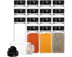 16 kruidenpotjes van 100 ml in plastic flesjes met zwarte dopjes Geschikt voor het bewaren van kruiden, specerijen en poeders.