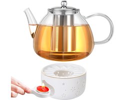 1,6 liter theepot met stoof, theepot met zeefinzet, theepot van borosilicaatglas met keramische theepot warmer, borosilicaatglas, glazen kan voor thuis, café, theemelk