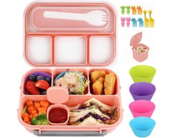 16 stuks Bento-box voor kinderen, lunchbox voor volwassenen met vakken, lekvrije snackdoos van 1300 ml met 4 compartimenten, sausbakje, 10 bento-fruitvorkjes met cartoonfiguren en 4 cakecupjes (Roze)