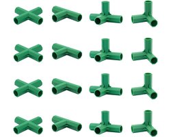 16 stuks Verbinding Buiskoppelingen - Tuinframe Verbinders - 4 typen - Stabiele ondersteuning - Kunststof kas frame - Bouwverbinders - Geschikt voor druivenrekken, parasols, tuinieren - Groen - 16 mm