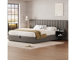 160 x 200 cm gestoffeerd bed - brede nachtkastjes met opbergruimte - linnen - zonder matras - grijs en zwart