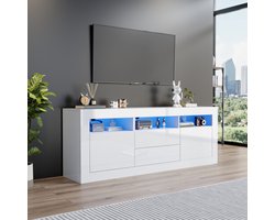 160*35*60 cm hoogglans tv-kast met ledverlichting, 3 open vakken, 2 deuren, 2 lades, smart app-bediening, voor 70 inch tv's, hoogglans tv-standaard, wit