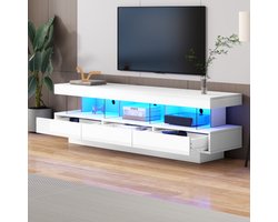 160*38*50,5 cm Wit hoogglans tv-standaard met 3 glazen planken, ledverlichting, app-bediening, bluetooth-connectiviteit voor 70-inch tv's, hoogglans glazen tv-standaard, smart tv-standaard