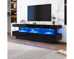 160*38*50,5 cm zwarte glanzende tv-standaard met 3 glazen rekken, LED-verlichting, app-besturing, Bluetooth-connectiviteit voor 70-inch tv, hoogglanzende glazen tv-standaard, smart tv-standaard
