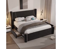 160x200 cm bedframe met modern design, 3D-kolomontwerp, dik gestoffeerd hoofdeinde, 2 opberglades en geïntegreerde USB-aansluitingen voor praktisch comfort en stijl in de slaapkamer, zwart