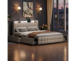 160x200 Gestoffeerd Opbergbed Beige – 4 Lades, LED Hoofdbord & USB Oplaadfunctie – Tweepersoonsbed Linnen 160x200
