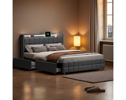 160x200 Gestoffeerd Opbergbed Grijs – 4 Lades, LED Hoofdbord & USB Oplaadfunctie – Tweepersoons Linnen Bed 160x200