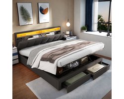 160x200 Opbergbed met Gaslift & Lades – Gestoffeerd Linnen Bed Grijs met LED Verlichting en Hoofdbord met Opbergruimte – Tweepersoonsbed 160x200