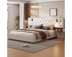 160x200cm Hydraulisch Tweepersoonsbed Met LED-Hoofdbord, 2 Bedside Laden En Opbergruimte Onder Het Bed, Luxe Fluwelen Stoffering, Beige