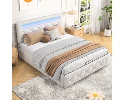 160x200cm Hydraulisch Tweepersoonsbed, Met LED-Hoofdbord En Ruime Opbergruimte Onder Het Bed, Stijlvol En Functioneel, Beige