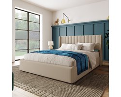 160x200cm Linnen Tweepersoonsbed Met Ruime Opbergruimte Onder Het Bed, Modern En Functioneel Ontwerp Voor Elke Slaapkamer, Beige