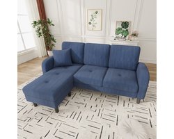 166 x 118 x 77 cm - L-vormige hoekbank met ligstoel – driezitsbank - kunststof poten - blauw