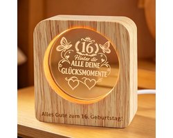 16e verjaardag nachtlampje voor meisjes met gravure, warm LED licht, USB houten sokkel, uniek verjaardagscadeau voor slaapkamer en bureau, decoratief kristalaccessoire
