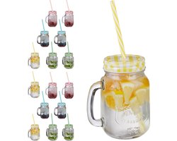 16x drinkglas met deksel & rietje, weckpot, 4 kleuren, mason jar