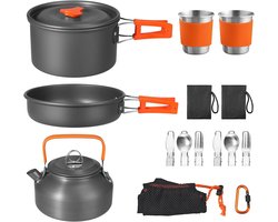 17-delig Campingservies voor 2 Personen - Aluminium Kooktoestel, Potten, Bekers en Opvouwbaar Bestek voor Outdoor en Wandelen