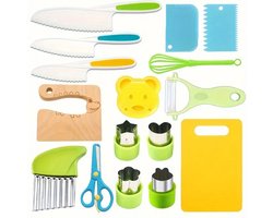 17-delige Kindvriendelijke Keukenset – Veilig Keukengereedschap voor Beginners – Kindermessenset, Snijplank, Uitsteekvormpjes en Plastic Keukenbenodigdheden voor Echt Koken