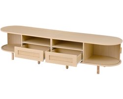 170x40x40cm Ovale TV-meubel en televisietafel, TV-kast met 2 rieten designladen, 2 schuifdeuren, Lowboard en televisietafel voor tv's tot 70 inch, TV-board en tv-kast, Houtkleur
