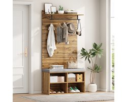 175 cm hoge garderobekast in houtlook met schoenenbank, verstelbare plank, kledingroede en stoffering - 84 x 32 cm - Praktisch halmeubel