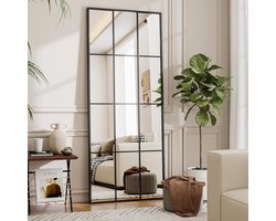 175,26 x 63,5 cm (69"L x 25"B) Raamspiegel - Rechthoekig rasterontwerp Decoratieve wandspiegel over de volledige lengte met metalen frame en schuine ophanging voor hal, woonkamerdecoratie, zwart