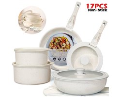  17stuks Non-stick Kookpottenset, Stapelbare potten en pannen Set Afneembare handvat, Kookgerei Sets Inductie, Potten en pannen met afneembare handvatten,Oven / vaatwasser Veiligheid, Kookpannenset,Wit.