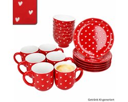 18-delig ontbijset LOVE (All over Hart) rood met witte harten voor 6 personen van porselein – 24310119, 24310135 & 24310143