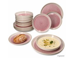 18-delig tellerset REACTIVE GLAZE PARIS Crème & Roze Steingut voor 6 personen