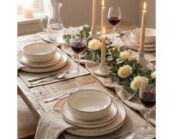 18-delige Keramische Serviesset Siena Grande – Beige/Bruin – 6 Dinerborden, 6 Dessertborden & 6 Kommen