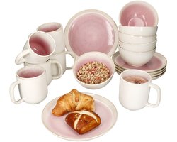 18-delige REACTIVE GLAZE PARIS crème & roze stoneware ontbijtset voor 6 personen