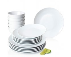 18-delige serviesset 6 personen, porselein tafelservies in klassiek wit, vaatwasser-, magnetron- en krasbestendig, borden set met 6 platte borden, 6 soepborden en 6 ontbijtborden