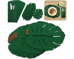 18-delige set Monstera Design placemats afwasbaar placemats van vilt, 6-delige placemats, 6-delige glazen onderzetters, 6-delige bestektassen, groene placemats, onderzetters, viltmat