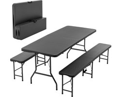 1,8 m klapbare picknicktafel met 2 banken - 3-delig campingset - veiligheidsvergrendeling - UV- en waterbestendig - HDPE tafelblad met houtnerf - zwart