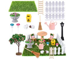 18 Pieces Miniature Garden Accessories - Miniature Garden Decoration - Miniature Dollhouse Set Garden - Mini Garden Furniture Decoration with Artificial Grass Fence - Tree - voor DIY - Fairy Garden