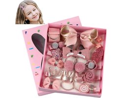 18 stuks haaraccesoires voor kinderen - Verschillende ontwerpen, haaraccesoires in bewaardoos - Haarclipset voor meisjes -kinderelastiekjes - klemmetjes voor kinderen -17*13*3.50cm- Geschikt voor de dagelijkse outfits van baby's en peuters - Roze