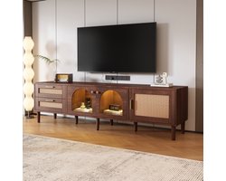 180 cm bruine tv-kast voor 80-inch tv-met 2 rattan laden, 2 gewelfde glazen deuren en 1 rotan deur, LED-verlichting, biedt stijlvolle opslag, tv-bord
