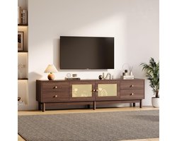 180 cm TV Cabinet, TV Cabinet with Rattan Drawers and Doors, TV Table for 80 Inch TV, TV Cabinet for Living Room and Bedroom, Brown, 180 x 35 x 44 cm