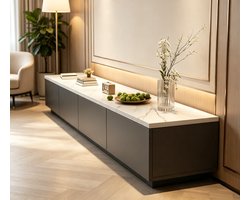 180 cm tv-meubel Grafietgrijs Vrijstaand entertainmentmeubel in middeleeuwse stijl Ruime opbergruimte voor apparatuur en accessoires Geschikt voor tv's van 75 inch en kleiner Woonkamer en slaapkamer 180*30*30 cm