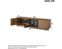 180*40*45cm tv-meubel, laag tv-meubel voor de woonkamer, 180cm lang, voor tv's tot 75 inch, draagvermogen tot 30 kg, vrijstaand tv-meubel met twee kastjes en led-lichtstrip. Natuurlijke houtkleur + zwart, glas