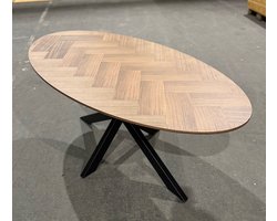 180cm ovale eettafel - zwart spinpoot - veneer noten - visgraat design